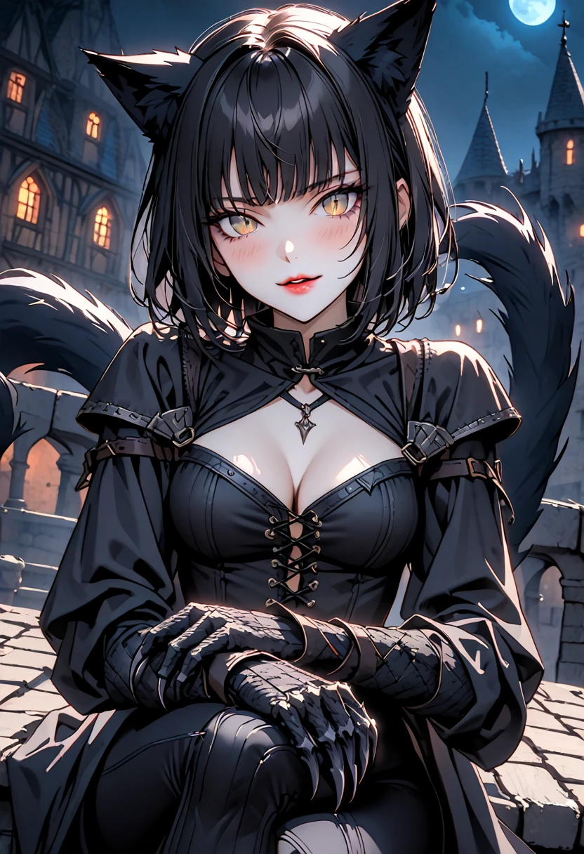 female, close up, short hair, black hair, straight bangs, black cat ears, black cat tail, furred hands, furred arms, claws, black fur, medieval, cleavage, hazel eyes, slit pupils, mischievous smile, rogue, night, thief, sitting on rooftop, slight blush, parted lips, lips, tight clothes, black clothes, crossed legs