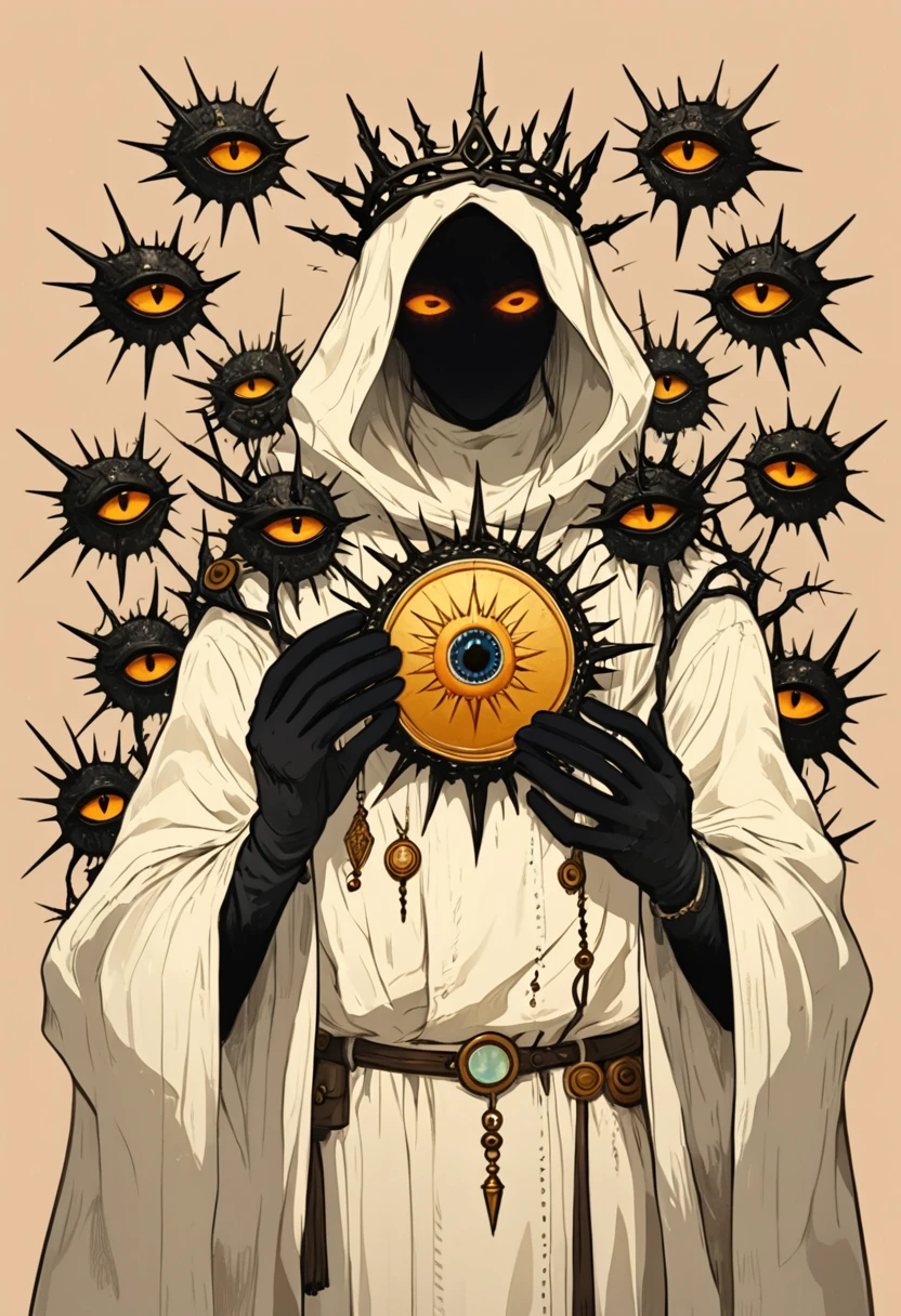 Wearing white robes and black gloves and holding a sun medallion in its hands, A hand-drawn illustration of an anthropomorphic creature with six eyes ,surrounded by seven crown-shaped thorns on a beige background