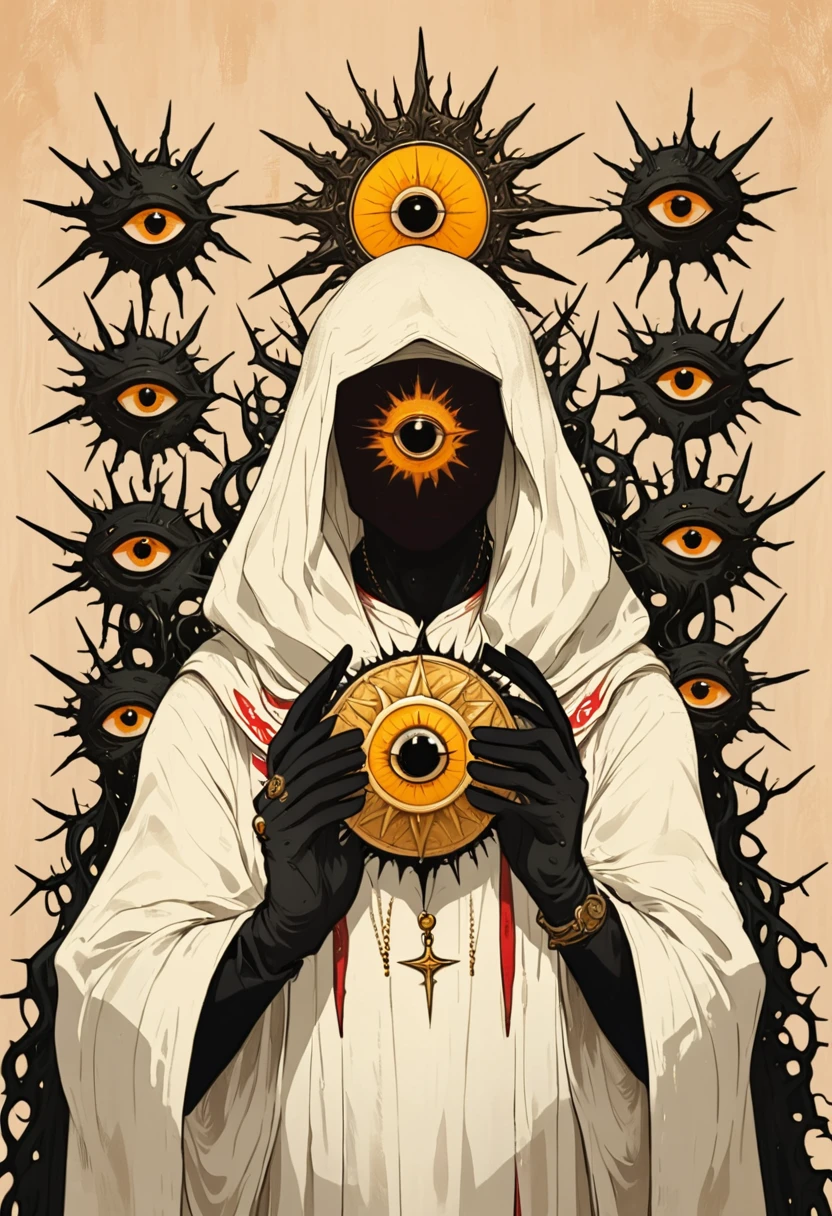 Wearing white robes and black gloves and holding a sun medallion in its hands, A hand-drawn illustration of an anthropomorphic creature with six eyes ,surrounded by seven crown-shaped thorns on a beige background