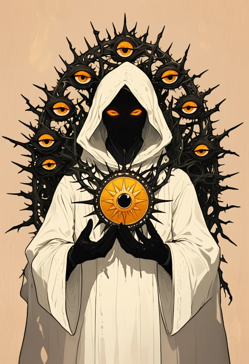 Wearing white robes and black gloves and holding a sun medallion in its hands, A hand-drawn illustration of an anthropomorphic creature with six eyes ,surrounded by seven crown-shaped thorns on a beige background