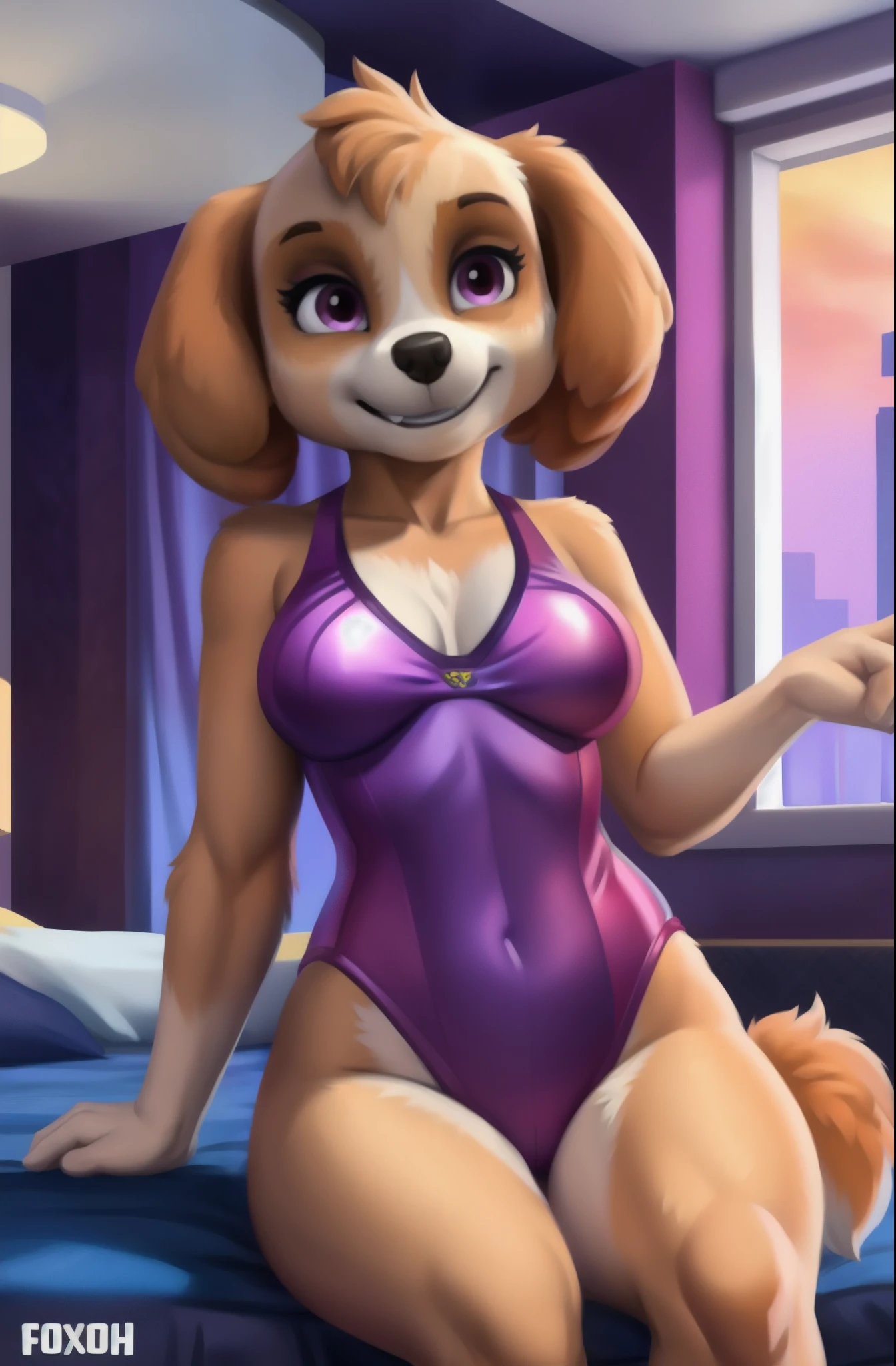 Detailed texture of fluffy fur., impressionistic mix, (by Foxovh, Ross Tran, Michael Garmash, Pino Daeni, A spark - a spark), Detailed eyes, very detailed students., One, fluffy, second, sky-pp, domestic dog, female, PURPLE EYES, creamy skin, golden brown body, Skin Body, fully dressed, Detailed texture of fluffy fur., curves, Wide hips, inner hairy ears,apartment interior Club night, day, big butts, main part, Best quality, full medium shot, ((tight purple swimsuit, swimsuit with frills)), smiles, Evil smile, erotic pose, sitting on the bed, hide, vulgar, Naughty.