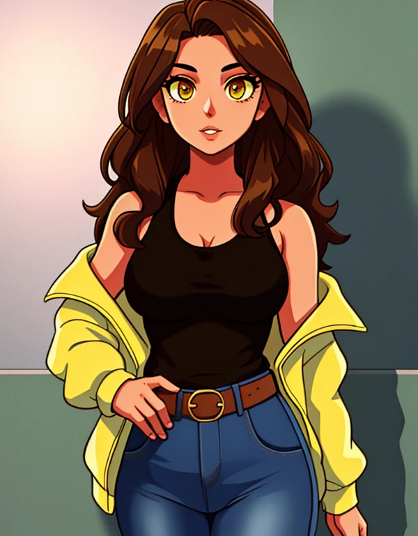 1girl, solo, mixed race Nicaraguan-Navajo woman, 24yo, wavy hair, brown hair, (yellow eyes:1.5), tan-bronze skin, athletic figure, medium breasts BREAK She’s wearing early 2000's fashion: opened red jacket, black tank-top, belt, jeans BREAK looking at viewer, BREAK set in the early 2000’s, BREAK (masterpiece:1.2), best quality, high resolution, unity 8k wallpaper, (illustration:0.8), (beautiful detailed eyes:1.6), extremely detailed face, perfect lighting, extremely detailed CG, (perfect hands, perfect anatomy),