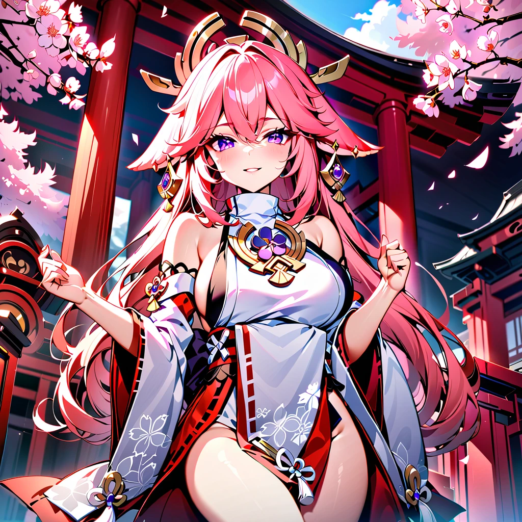 score_9, score_8_upper, score_7_upper, high quality ,masterpiece ,最high quality ,rating safe ,In the bedroom ,girl, Cute Face ,long pink hair, Purplr eyes , Beautiful Skin ,character_Yae Miko_Genshin Impact   , very large breast ,in the shrine ,ローアングル, many cherry blosom
 