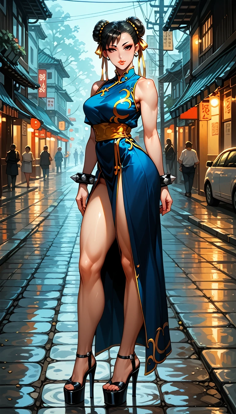 Dark Fantasy Art of score_9, score_8_up, score_7_up, rating_questionable, fantasy, lighting, epiCPhoto 1girl, solo, very sexy (chun-li, black hair:1.2), (wearing sexy sleeveless kimono and platform heels:1.4), long legs, slender, perfect fit body, thicc, cute, flirt, gaze, sexy look, half-closed eyes, head tilt, filled lips, thick lips, makeup, standing in Thailand streets, modelling shoot, dark, moody, dark fantasy style, dimly lit.