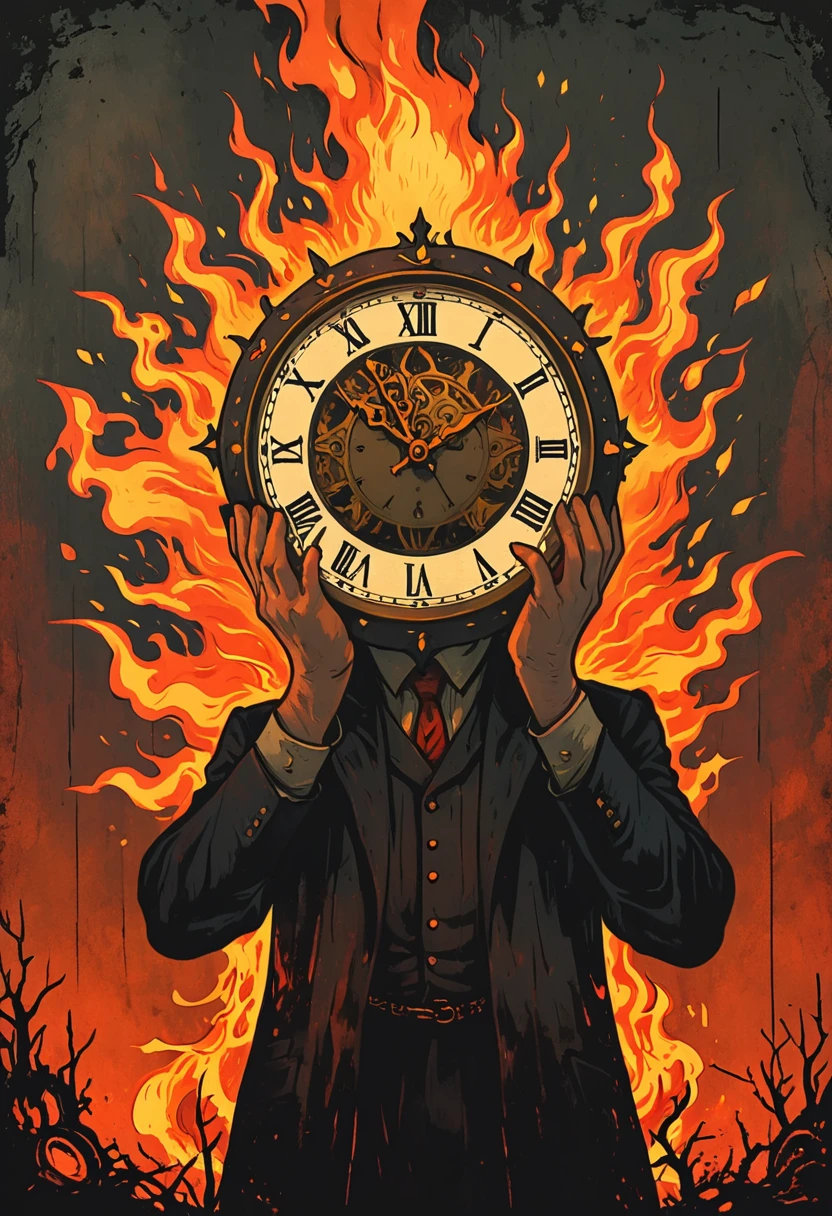 A man with his head on fire, holding up the hands of an old clock in front of him, vintage tarot card illustration, dark and moody, flat colors, simple details, dark background, reds and oranges, fantasy art style, vintage-inspired, hand-drawn elements, borderless frame, poster design