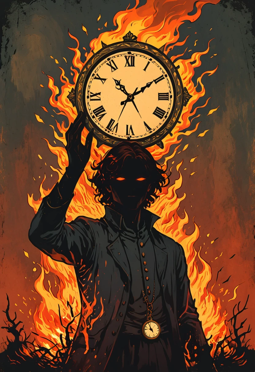 A man with his head on fire, holding up the hands of an old clock in front of him, vintage tarot card illustration, dark and moody, flat colors, simple details, dark background, reds and oranges, fantasy art style, vintage-inspired, hand-drawn elements, borderless frame, poster design