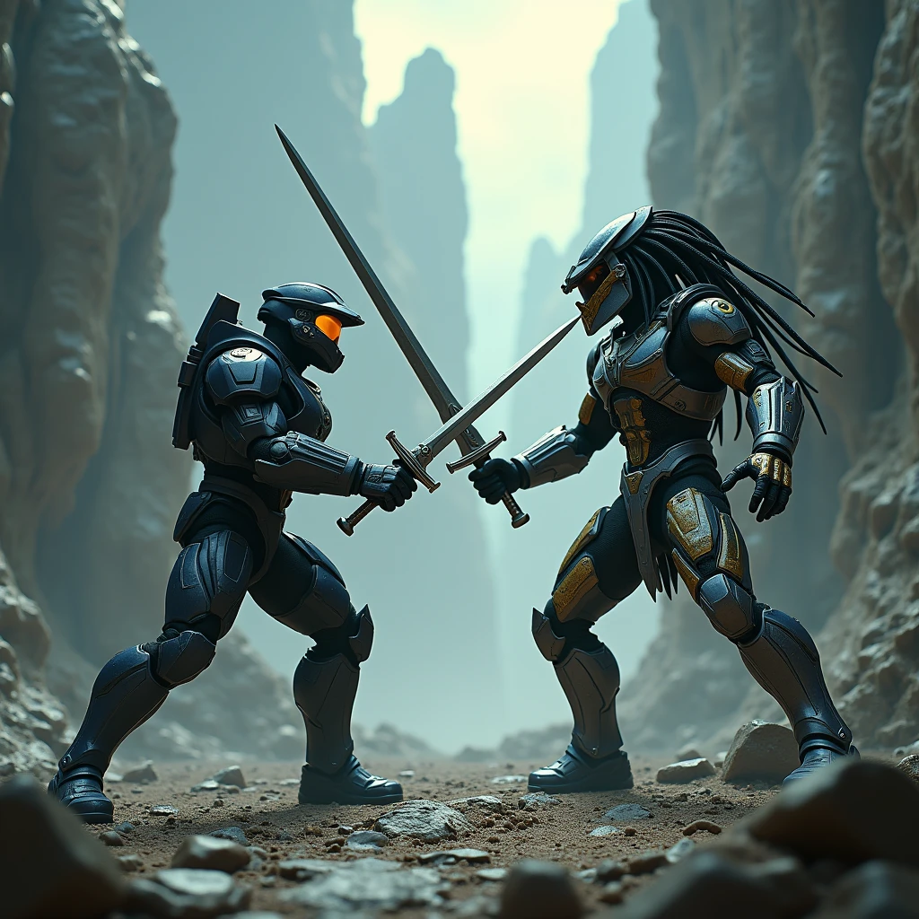 Create a yautja fighting with scorpion
