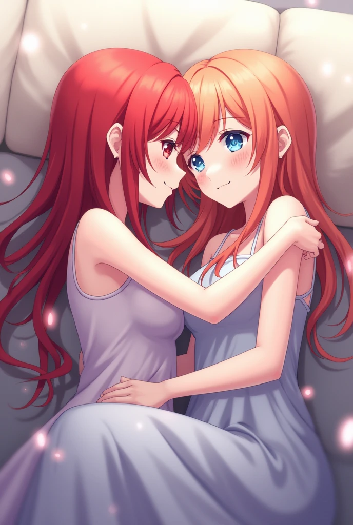 A naked red-haired anime woman smelling her friend's hair