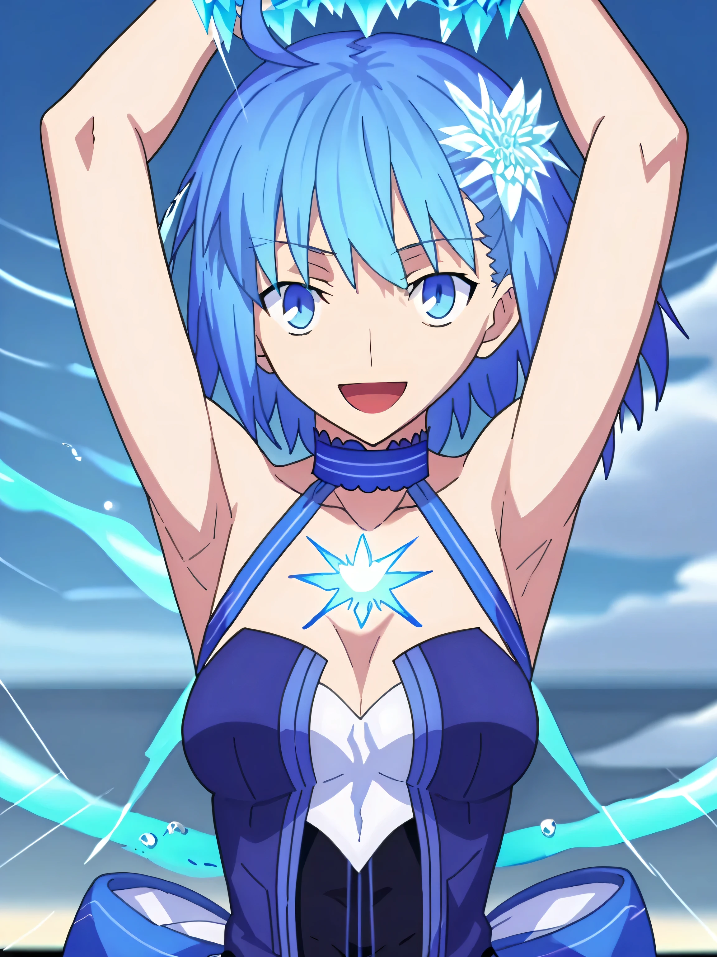 score_9, score_8_up, score_7_up, source_anime, anime screencap, space_ciel, ahoge, blue eyes, short hair, light blue hair, hair ornament, chest mark, halo, blue dress, bare shoulders, bow, ribbon choker, chest laser, flames, looking at viewer, smile, open mouth, arms up, raised arms, symmetrical face, fate_go_style
