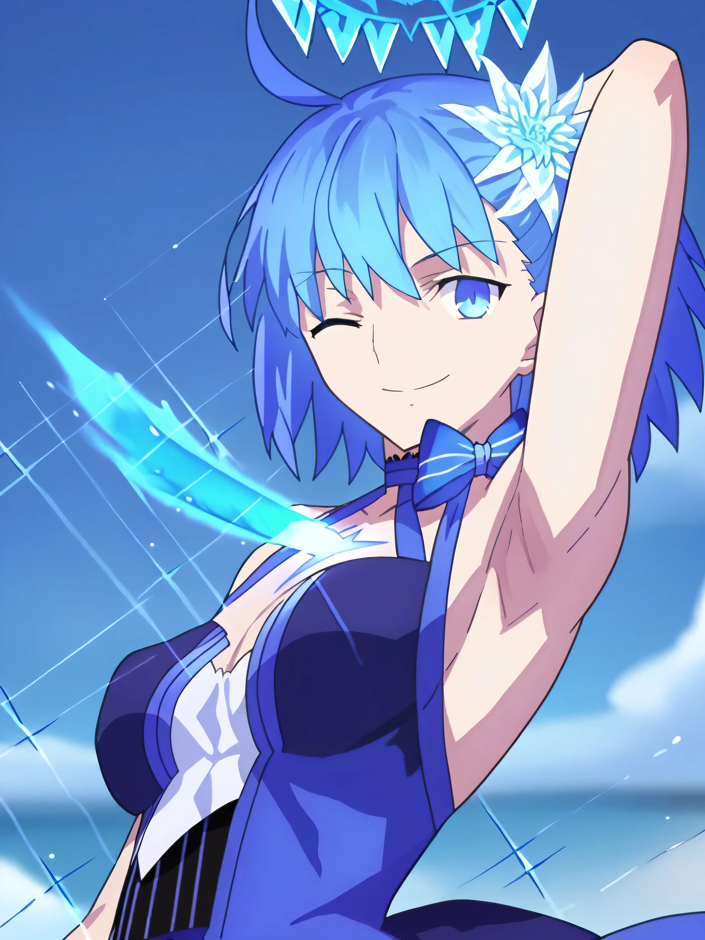 score_9, score_8_up, score_7_up, source_anime, anime screencap, space_ciel, ahoge, blue eyes, short hair, light blue hair, hair ornament, chest mark, halo, blue dress, bare shoulders, bow, ribbon choker, chest laser, flames, looking at viewer, head towards viewer, smile, closed mouth, arm behind head, from side, from below, wink, armpit, fate_go_style