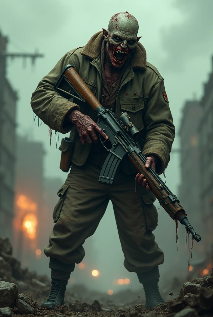 (zombie) there is a fireman in a fire suit holding a hose, firefighter, fireman, firefighting gear, heavy fire on the background, shutterstock, young female firefighter, fire on the background, fireman zombie madman, postapocalypsi background, axe in your hand