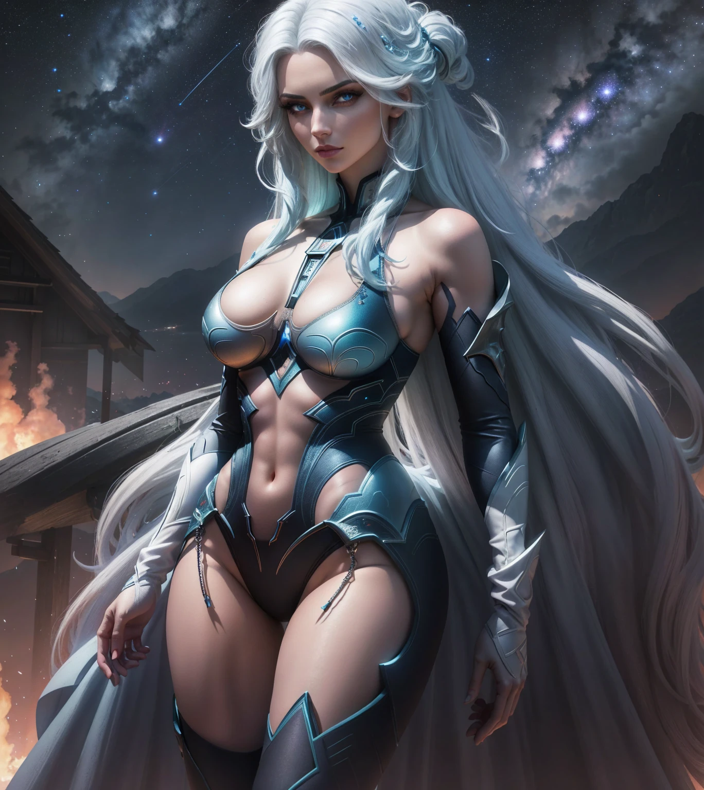 Realistic professional photos with super detail，full shot，full body lesbian，Straight lens，A lonely girl，blue hair，and blue eyes，long white hair，big round breasts，ton，posing in a，Stand aside，round ass，Straight ass，power pose，Oh hello，The best succubus，arrogant eyes，looking into the distance，Stay under the stars，Attention to detail，The background is a comet and a nebula，strong light，cinematic lighting，side lighting，Dark and detailed galactic background，8k， 4K（k hd： 1.1），USING YARN SWIMSUIT, BODY DE FIOS, LOW-CUT THREADS BODYSUIT, BELLY ON SHOW.