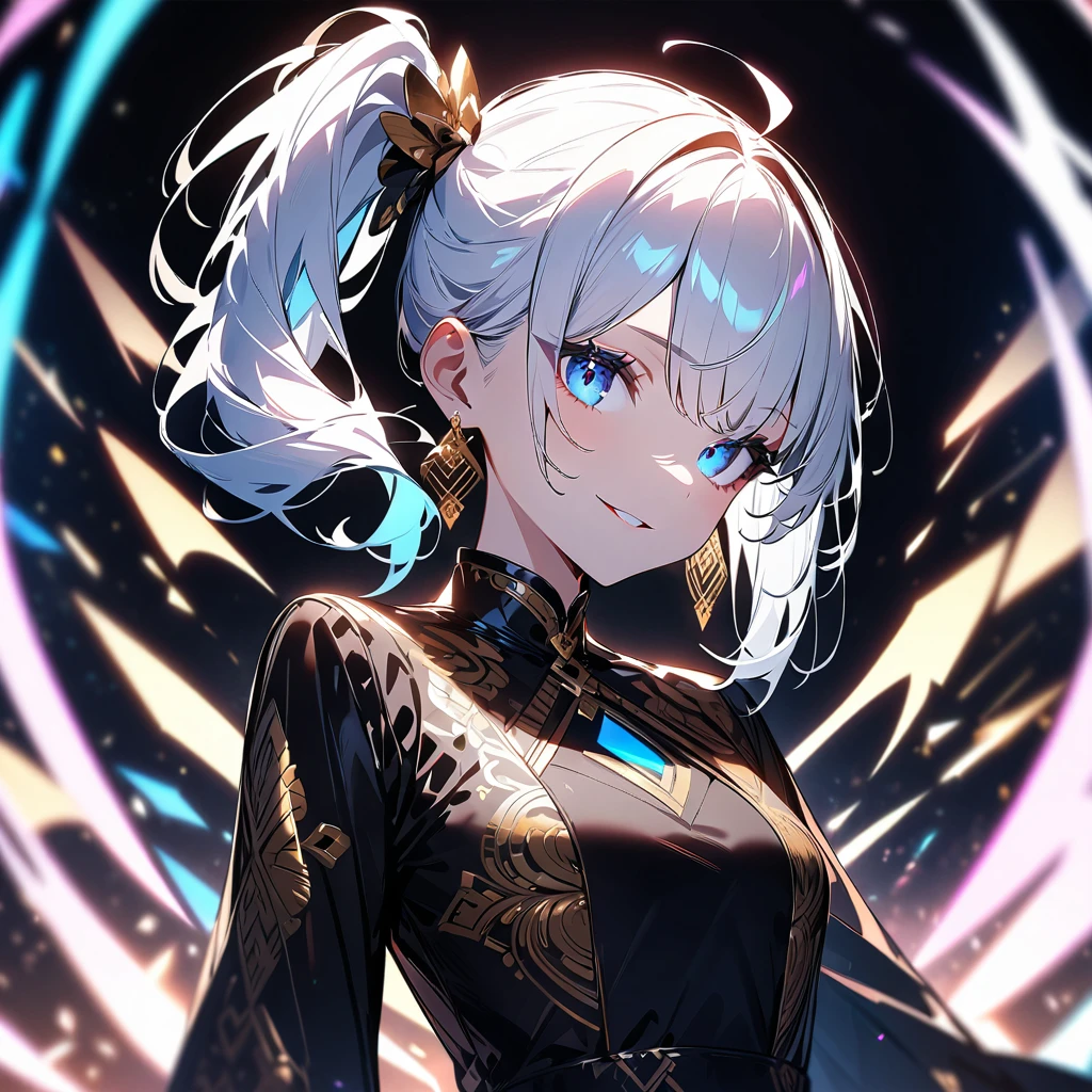 One girl. Ultra high resolution. High definition. 4K resolution. White hair. Side ponytail. Blue eyes. Beautiful eyes. Black dress. Gold pattern on the clothes. Looking towards you. A suspicious smile. Eye highlights are gone. Full body shot. Sword-shaped earrings. Devil smile