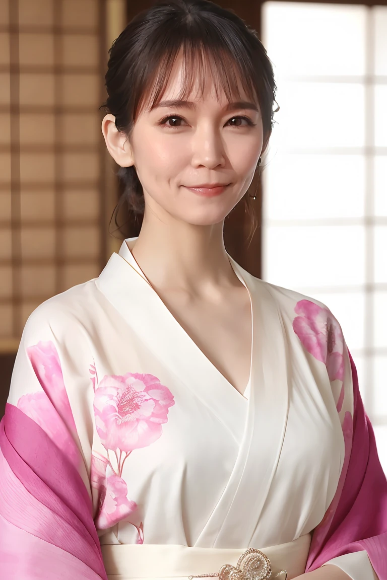 (Best Quality、Tabletop、8k、Best image quality、Award-winning works)、(One beautiful mature woman:1.1)、(Wrinkled old face:1.2)、Adult face、(Innkeeper:1.1)、(Elegant floral kimono:1.2)、(V-neck collar:1.1)、(Clevisが露わになる:1.2)、(Kimono with exposed chest:1.3)、(Clevis:1.5)、(Open chest:1.3)、(Large Breasts:1.4)、(Large Breastsの谷間を露出する:1.5)、Perfect mature woman portrait photo、Standing Elegantly、(Blurred elegant and exquisite perfect Japanese style room background:1.3)、(The most natural and perfect tidy Japanese style room background:1.2)、Glowing Skin、Perfect beautiful skin、(Accentuate your body lines:1.1)、(The most graceful posture:1.2)、Perfect beautiful glossy lips、(Accurate anatomy:1.1)、(A perfect and elegant outfit:1.1)、(Stand with good posture:1.1)、(Face close-up:1.2)、(Front facing body:1.2)、(bread:1.1)、Pink kimono