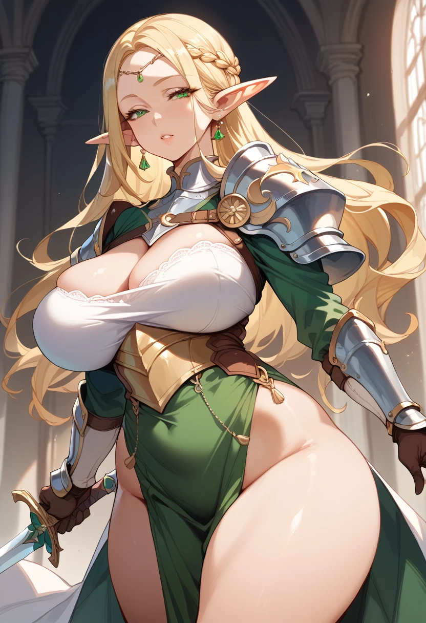 masterpiece,High resolution,Best Quality,8k
(Mature Woman,Adult ELF,Voluptuous figure,Super big breasts,Huge hip)
(Blonde Straight,open forehead,Green Eyes,Narrowed eyes)Knight Armor,Holding a sword
