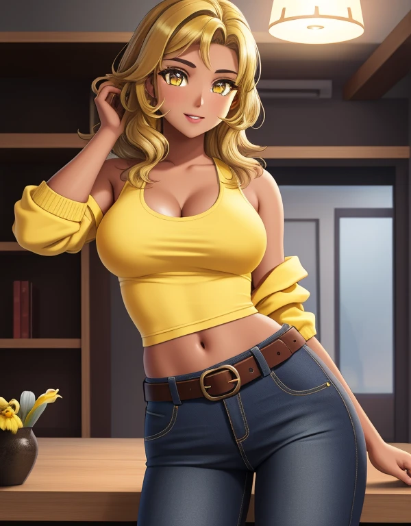 1girl, solo, mixed race Nicaraguan-Navajo woman, 24yo, short wavy hair, brown hair, (yellow colored irises:1.5), tan-bronze skin, athletic figure, medium breasts BREAK She’s wearing early 2000's fashion: opened red jacket, black tank-top, belt, jeans BREAK looking at viewer, BREAK set in the early 2000’s, BREAK (masterpiece:1.2), best quality, high resolution, unity 8k wallpaper, (illustration:0.8), (beautiful detailed eyes:1.6), extremely detailed face, perfect lighting, extremely detailed CG, (perfect hands, perfect anatomy),
