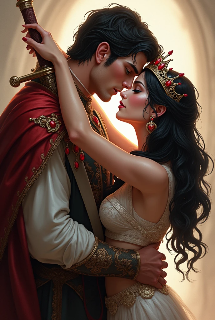 Fantasy illustration of a princess in a yellow dress, handsome prince, ethereal, detailed, highres, romantic, fantasy, detailed dress, love, intricate details, magical atmosphere,couple, couple, sensual, sultry, kissing