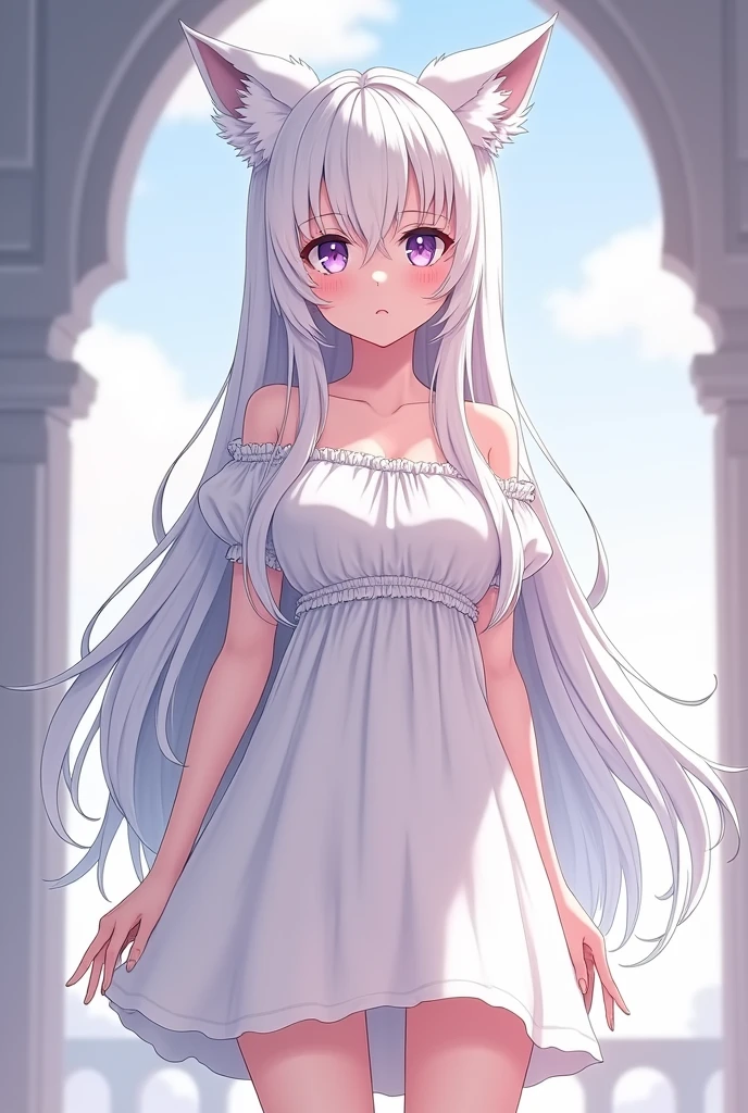 masterpiece, best quality, Ghast-chan, dress, white dress, floating in midair, flying, sky, clouds, trees, field, closed eyes, hands to chest <lora:Ghast:1>