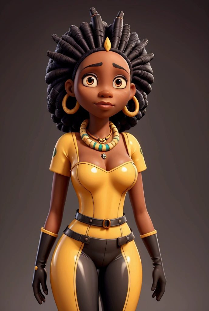Brunetette, woman in costume, christmas costume, sexy sensuality, Breasts Out, wearing glasses, walking, in a bustling city, Full-body image, afro hair falling forward, tipo dreadlock, 40 year old woman, darkskin, mulatto, wide hip, breasts small.