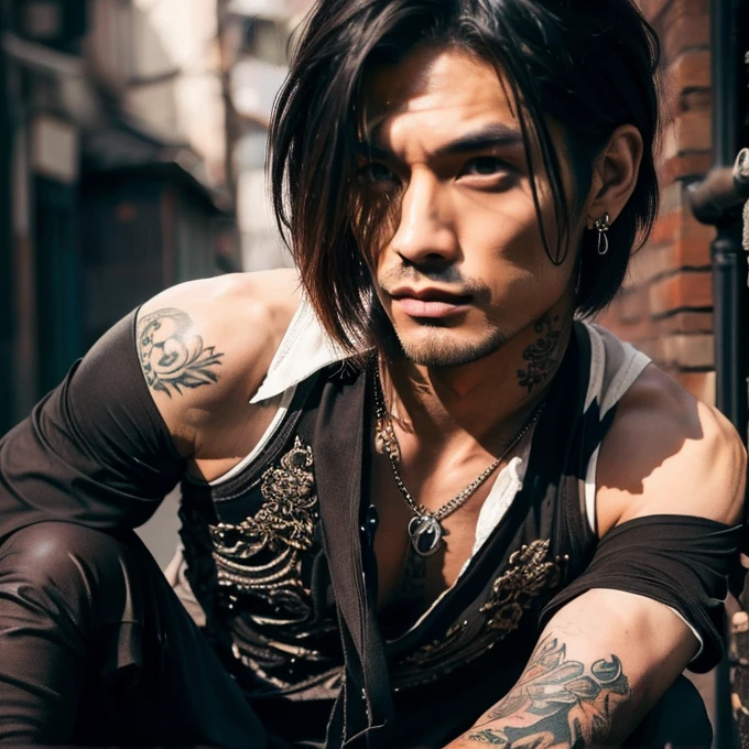 1 man, male, Japanese man, Visual Kai hairstyle, ultra detailed face and body, hyperrealistic, realistic representation, muscular, broad shoulders, tattoos gothic style, piercings, Visual Kei style, hairstyle Visual Kei, blond, long hair, 30 years old, age 30, outfit gothic streampunk, men's shirt and black pants, Asian eyes, eyes Asian, straight hair