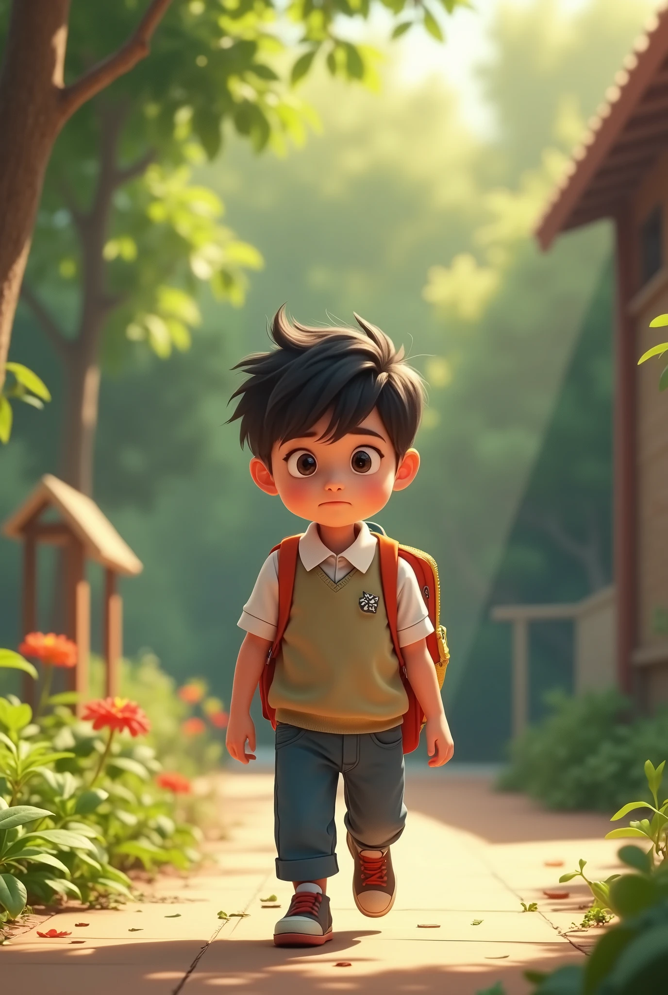 7-year-old boy, white, brown hair and eyes, wearing a school uniform, dragging a backpack with his hand
