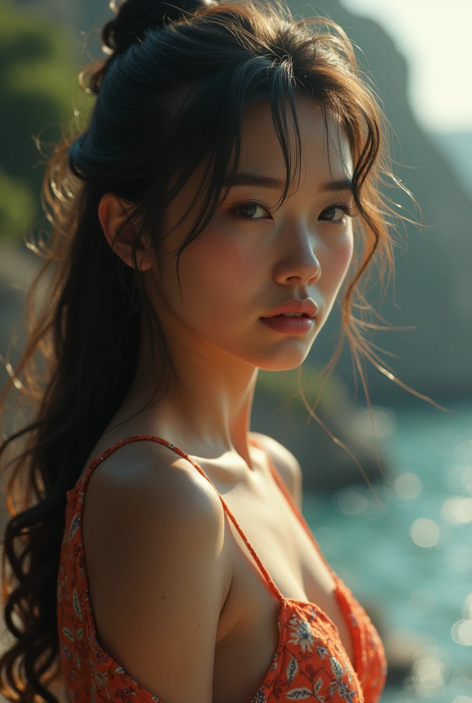 Best Quality, ultra hi res, photoreaslistic, fullnude、a photography of a beautiful woman, Teens in their 30s, Detailed face, Black nasty fishtail blade,Beach, (close up of face), Seductive look, Looking at Viewer