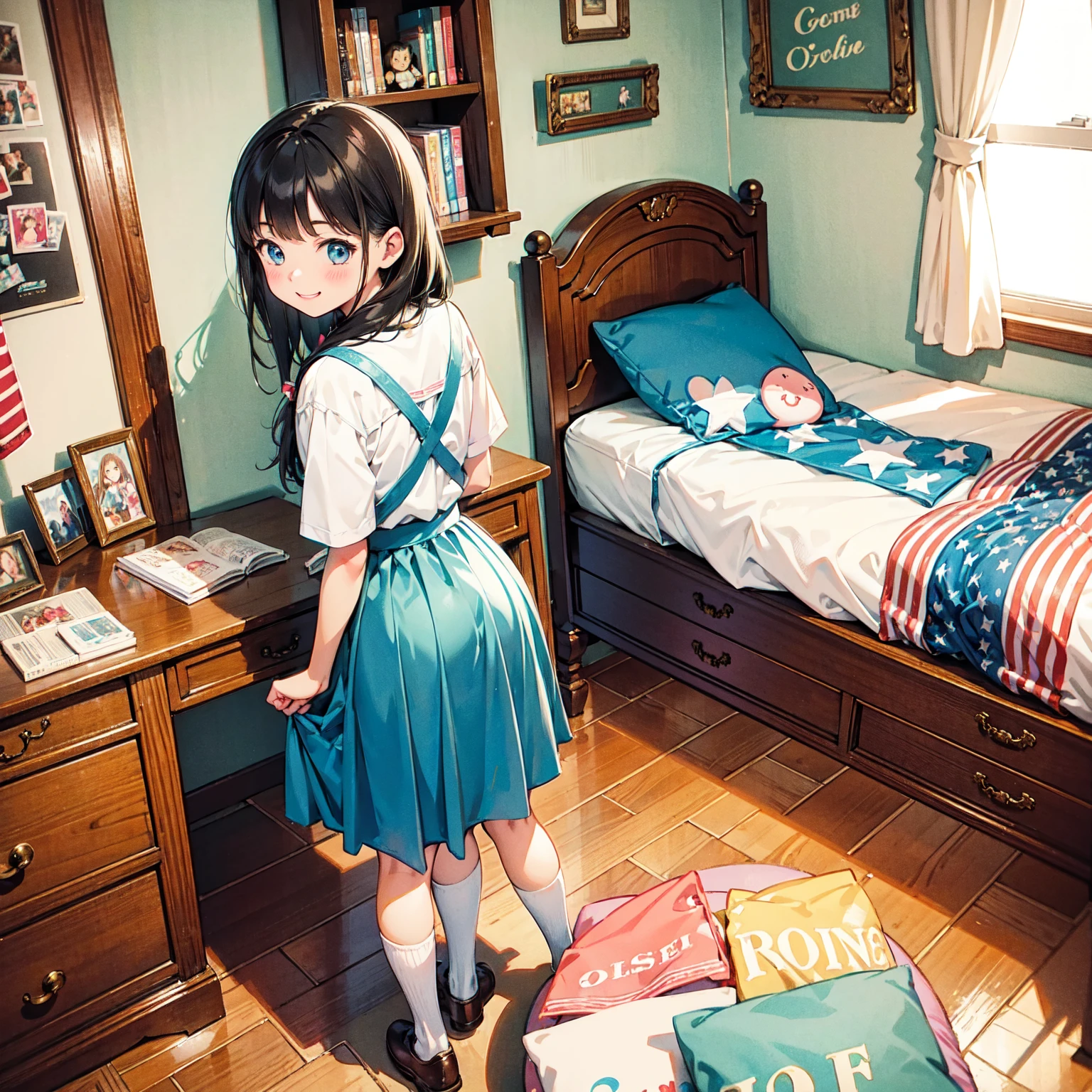 Cute high school girls, cute girls close-up, old American goods, cute room, nostalgic illustration, room with cute goods, colorful, vivid, antique American, smile and play, youth, pop room