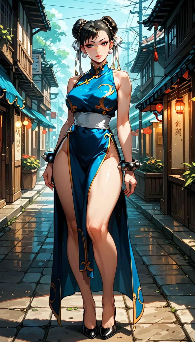 Dark Fantasy Art of score_9, score_8_up, score_7_up, rating_questionable, fantasy, lighting, epiCPhoto 1girl, solo, very sexy (chun-li, black hair:1.2), (wearing sexy sleeveless kimono:1.4), long legs, slender, perfect fit body, thicc, cute, flirt, gaze, sexy look, half-closed eyes, head tilt, filled lips, thick lips, makeup, standing in Thailand streets, modelling shoot, dark, moody, dark fantasy style, dimly lit, cowboy shot.