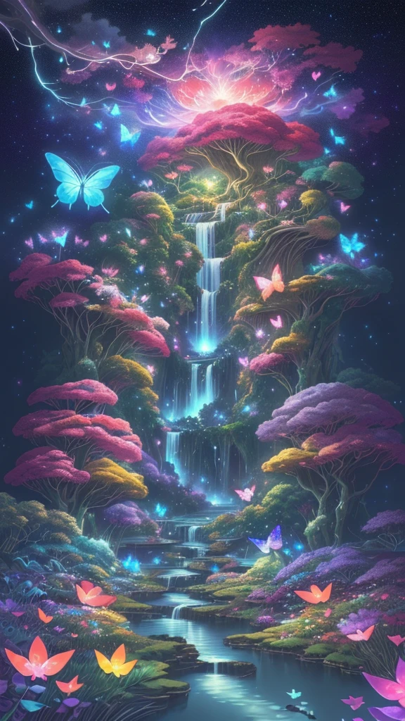 Viral anime nature wallpaper in 4K quality, in the style of digital illustration, depicting a dreamlike garden with floating islands, waterfalls cascading down, and glowing butterflies; surreal and vibrant color temperature, cosmos lighting with stars twinkling in the sky, the atmosphere is surreal and mesmerizing