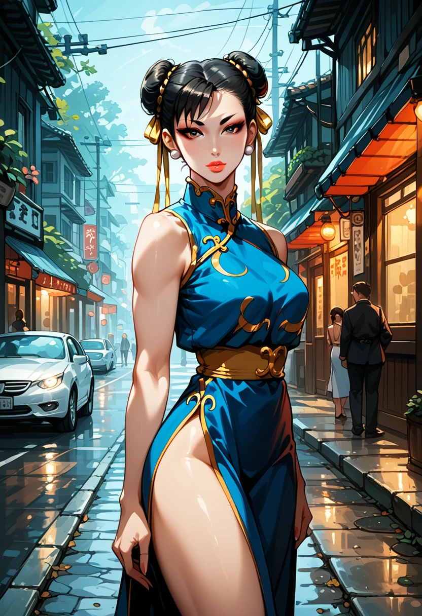 Dark Fantasy Art of score_9, score_8_up, score_7_up, rating_questionable, fantasy, lighting, epiCPhoto 1girl, solo, very sexy (chun-li, black hair:1.2), (wearing sexy sleeveless kimono:1.4), long legs, slender, perfect fit body, thicc, cute, flirt, gaze, sexy look, half-closed eyes, head tilt, filled lips, thick lips, makeup, standing in Thailand streets, modelling shoot, dark, moody, dark fantasy style, dimly lit, cowboy shot.