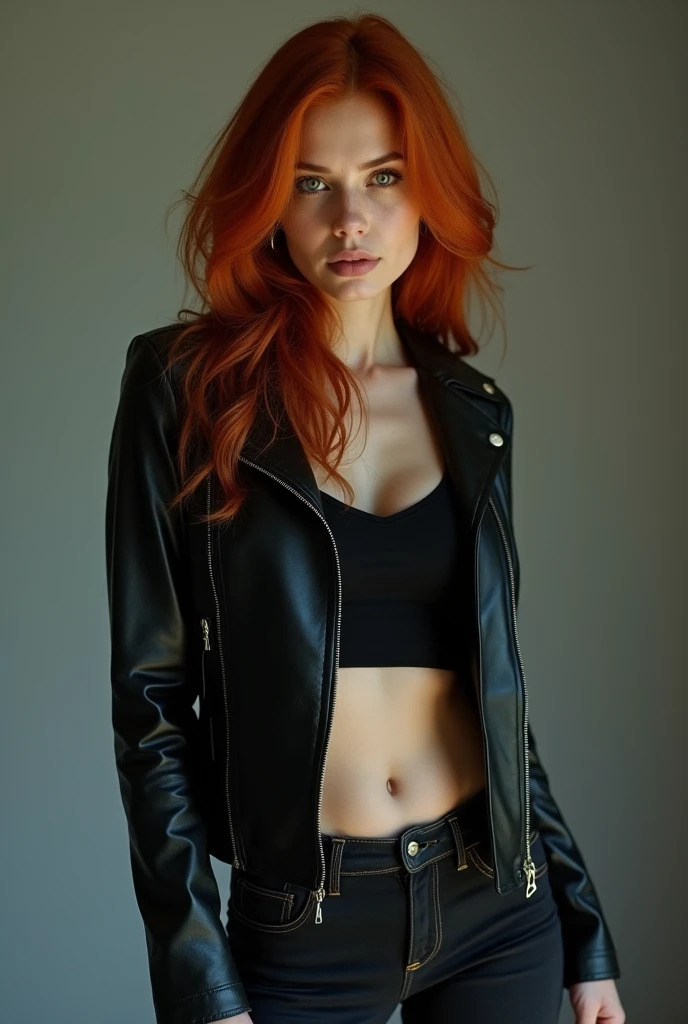 Red haired woman with a white skin. She's wearing a black jacket and white skirt , he's posing .She has hot-looking blue eyes, show pussy 