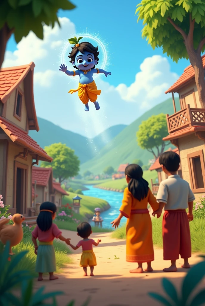 A temple arch in a village. wrote KULATHOOR DEVI TEMPLE in the arch. A little blue cartoon krishna is standing in front of the arch and looking towards screen. A girl wear off white colour saree with golden colour blowse view from behind and talking something to krishna
