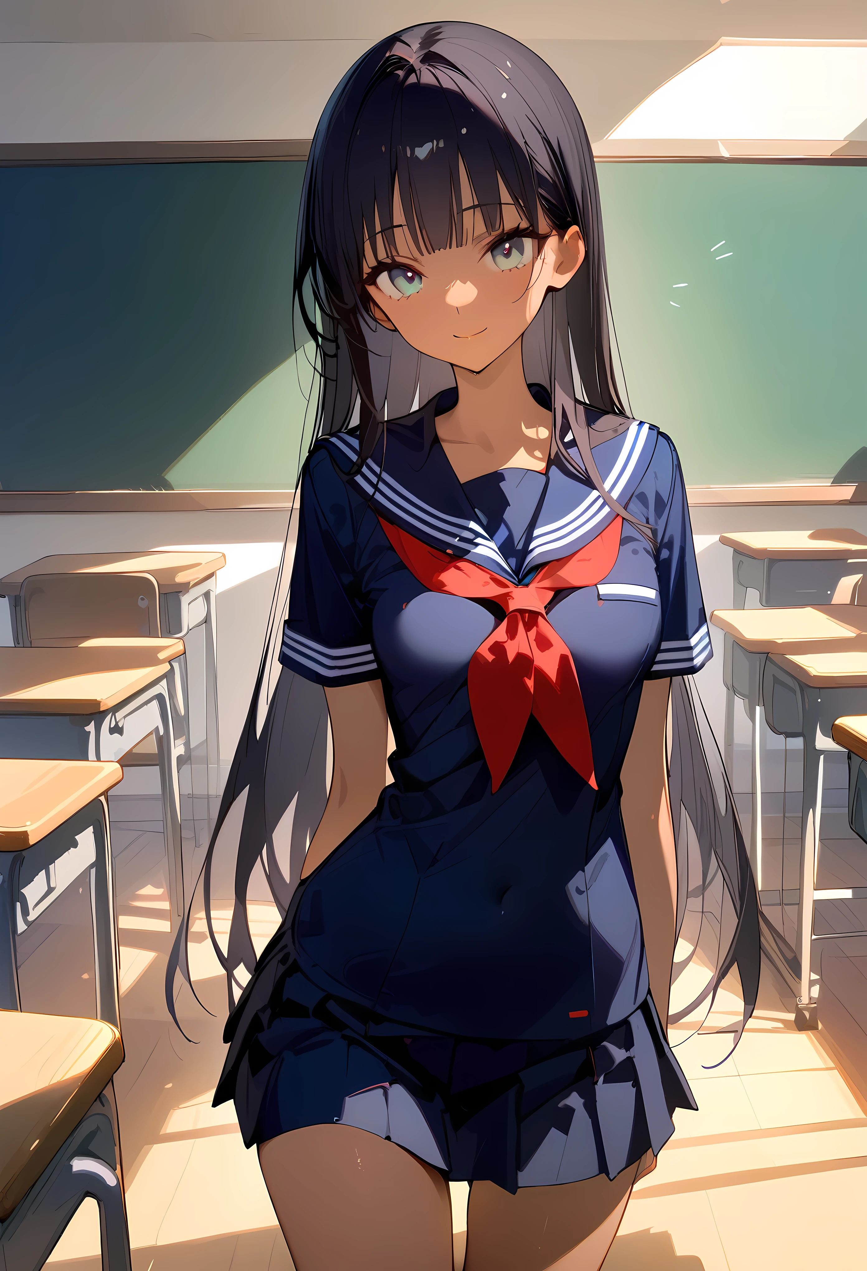 ((masterpiece,best quality anime:1.3,Best Quality)),cowboy shot,portrait,1woman,cowgirl position,(young adult),long straight hair,bangs,black hair,((very small head:1.3)),gray eyes,gorgeous eyes,smile,small breasts,((very long body:1.3)),(School uniform、Navy blue sailor suit、Short sleeve、red neckerchief、Navy blue pleated mini skirt),slender body,skinny,gleaming skin,tan skin,standing,classroom、School,