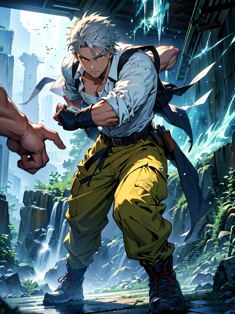 2 anime style wizard man, emanating ice energy, White and spiky hair, yellow eyes, Wearing a white button down shirt, wearing green pants, Wearing a brown belt, Wearing brown boots, wearing half finger tactical gloves, vestindo shoulder holster marrom com uma faca, fighting stance, Action scene, Create a forest background; ((improve the face)); ((high quality)); ((Improve hands)); ((full body)); ((Action scene)); ((fighting pose)); ((epic scene)); ((Improve face)); ((improve hands)); ((full body)); ((gray hair)); ((Kento Nanami style)); ((cena poster)); ((wearing tactical gloves)); ((full HD)); Action scene, Combat, cena poster, fighting stance, ice energy being emanated, ((improve arms)), ((8k Rendering)), blue energy particles, snowflakes around the body, a vertical blue energy chakra behind your back,