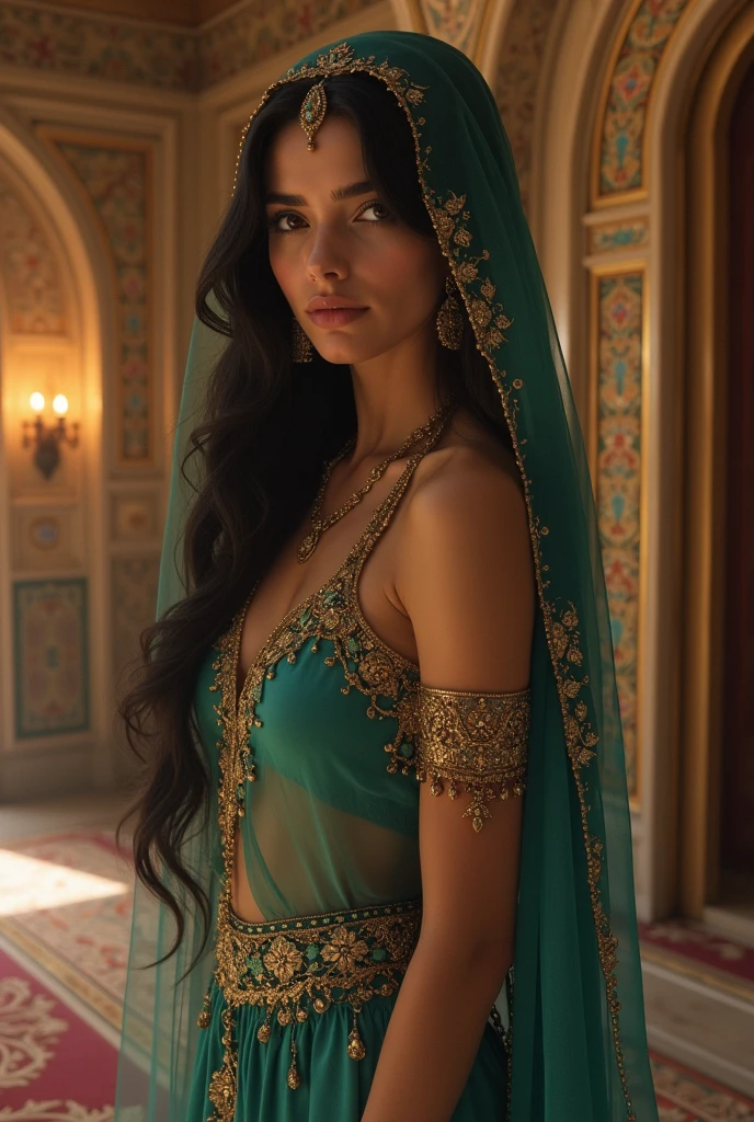 Zephyr, a Muslim heroine born and living in Syria, with light skin, shoulder-length black hair and deep brown eyes, bushy eyebrows. She wears a modern, transparent light-colored outfit, which combines traditional Syrian elements, with a light sheer tunic adorned with traditional Syrian embroidery and fitted pants, and a beautiful loose shawl, modern and decorated with geometric patterns inspired by Syrian Islamic art, very colorful and vibrant. In an urban setting of Damascus, with a mix of ancient and modern architecture, minarets and vibrant markets, and Syrian cultural elements like colorful mosaics and Arabic-style arches, iluminados pelo sol poente.