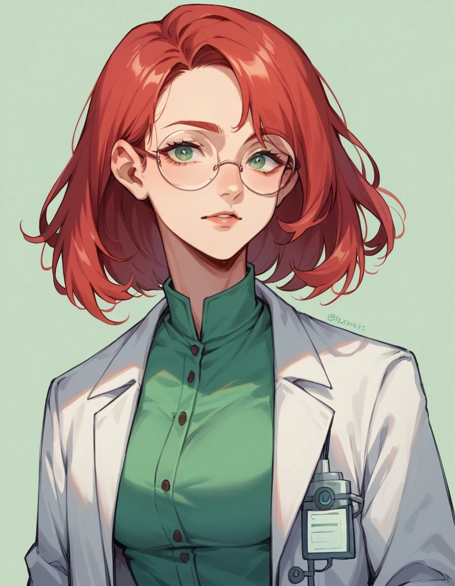 solo, 1girl, Susan test, glasses, long hair, red hair, labcoat, black skirt, blue eyes, star hair ornament ,hair ornament, blue shirt, <lora:Susan_Test_Leaf1:0.6>, forest,
