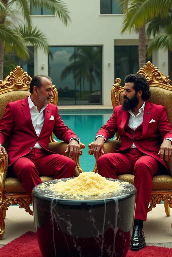Very Far shot of Pablo Escobar from the series of narcos  shirtless with a belly , smoking a cigarette with his pool sitting with his friends with sunglasses on , having full beard 