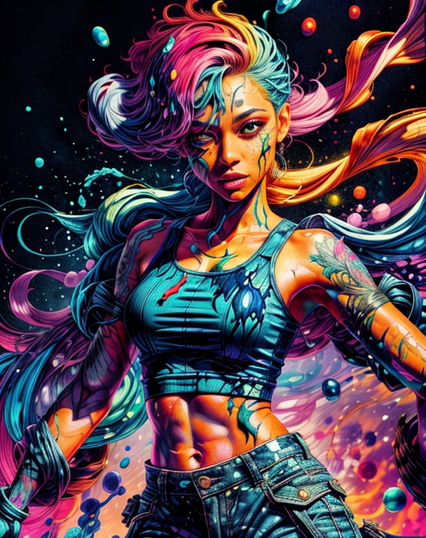 synthwaveaward winner swpunk style half-length portrait of a woman in a motel, in underwear, with teal navy blue ombre hairstyle with moving head and hair flying, paint splatter, splatter, overdrive, vaporware, shaded flat illustration, art digital, artstation trends, highly detailed, fine detail, intricate