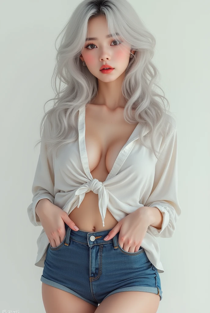 Realistic, high resolution, 1 girl, white wavy hair, Korean, heterochromic eyes, small moles under the eyes, loose white shirt, skinny denim shorts, large breasts, thighs, panties visible Masterpiece, realism