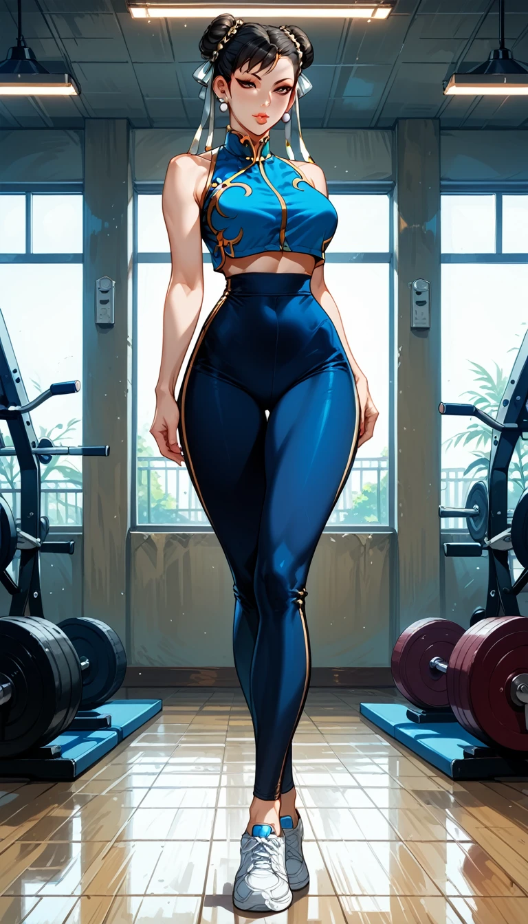 Dark Fantasy Art of score_9, score_8_up, score_7_up, rating_questionable, fantasy, lighting, epiCPhoto 1girl, very sexy (chun-li, black hair:1.1), beautiful waifu, yogapants, dark blue yoga pants, standing in gym, long legs, sneakers, round butt, thicc, (legs crossed:1.3), solo, cute, flirt, gaze, sexy look, half-closed eyes, head tilt, filled lips, thick lips, makeup, modelling shoot, sexy pose, dark, moody, dark fantasy style.