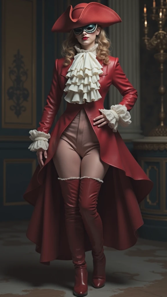 Single close-up,There can only be one person in a scene,1 mature female,The temperament of a queen,tmasterpiece,best qualityer,Hyper-detailing,illustratio,Fine and detailed eyes and detailed face, garments:Hostess costume,Red pantyhose,Black high heel,Reveal high heels, allure:(Tall:1.4),Tall,Mature temperament,Blood red hair color eye shadow,Majesty,Mature temperament,Wide hips(big assa:1.4),(Thick thighs:1.4),Majesty,Background inside the Royal Palace,are standing