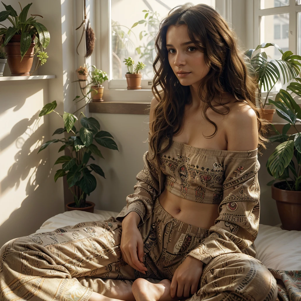 (photorealism:1.2), beautiful woman, sitting on bed, wearing loose off-shoulder top, pajama lowered pants, long curly hair, indoors, soft lighting, plants in background, window with sunlight, cozy room, relaxed pose, realistic, intricate details, warm colors, by Greg Rutkowski, by Alphonse Mucha