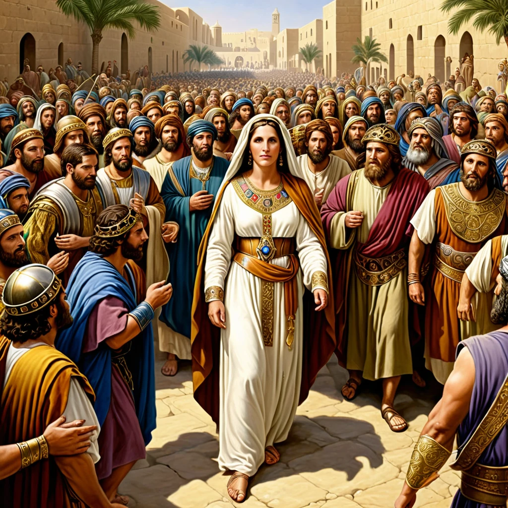 Characters from the Holy Bible, Ultra realistic 16x9 image with lots of enhanced details, Solomon's Wife, in the midst of the citizens, with the people