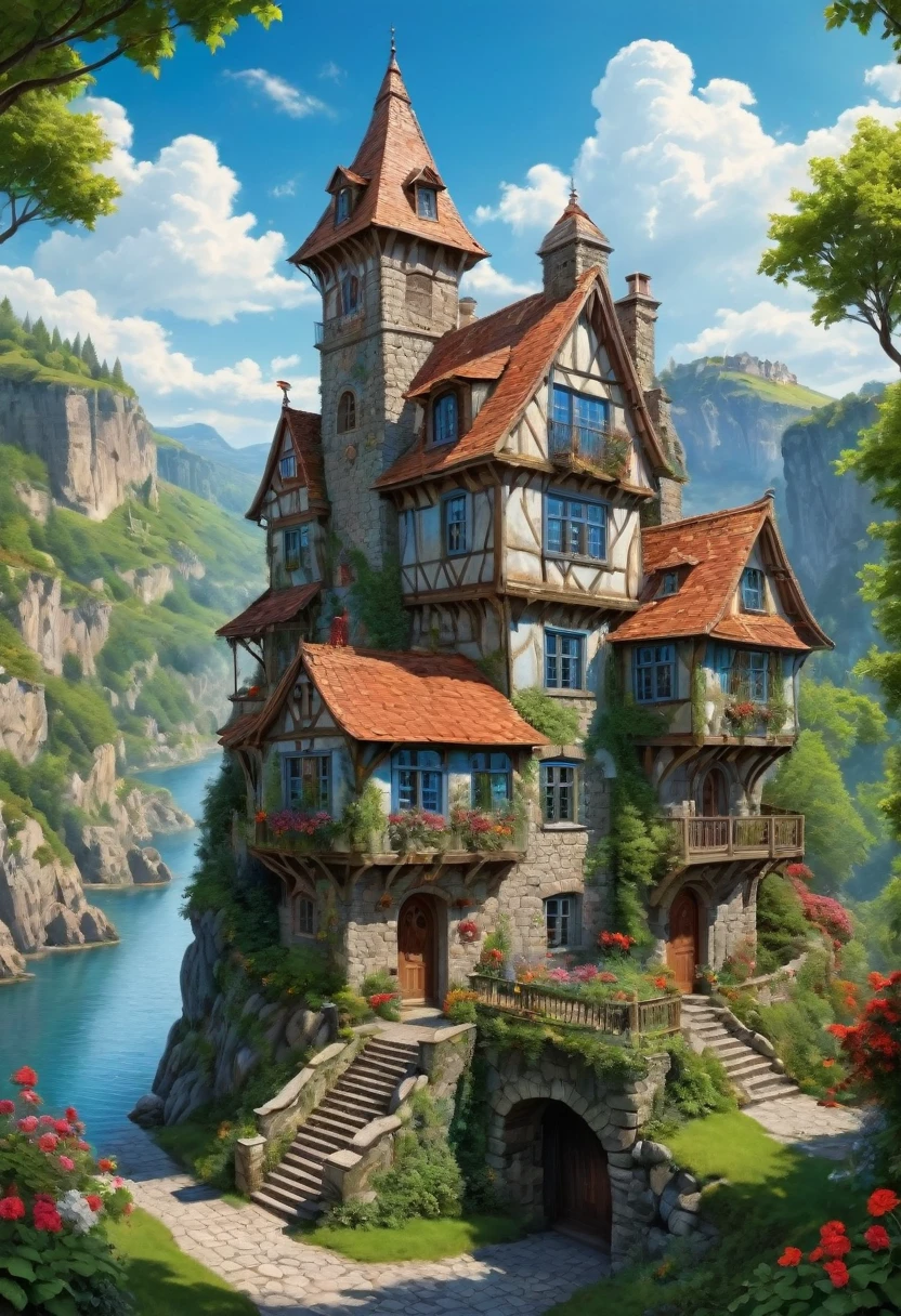 Bright, detailed digital painting of a bizarre, multi-storey building, located on a rocky cliff. The house combines wood and stone elements, with the cool ones, with red tiled roofs and many chimneys. The building is surrounded by lush greenery, including trees, bushes, and bright flowers, creating a lively and enchanting atmosphere. The sky is filled with fluffy, white clouds against a bright blue sky, which gives the picture an overall cheerfulness and magic. The painting is rich in color and texture., with intricate details, which bring the fantastic setting to life.