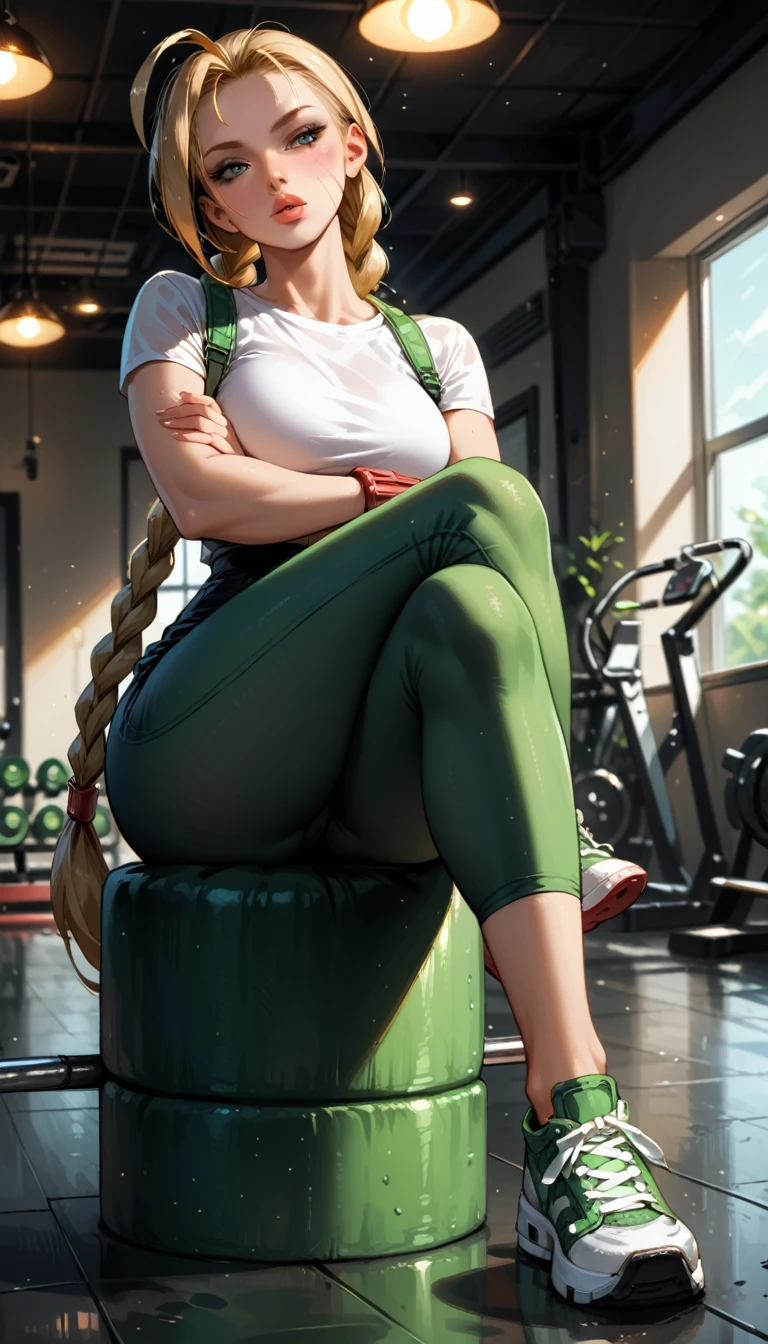 Dark Fantasy Art of score_9, score_8_up, score_7_up, rating_questionable, fantasy, lighting, epiCPhoto 1girl, very sexy (cammySDXL, blonde hair, long hair, twin braids, scar on face:1.1), beautiful waifu, yogapants, dark green yoga pants, standing in gym, long legs, sneakers, round butt, thicc, (legs crossed:1.3), solo, cute, flirt, gaze, sexy look, half-closed eyes, head tilt, filled lips, thick lips, makeup, modelling shoot, sexy pose, dark, moody, dark fantasy style.