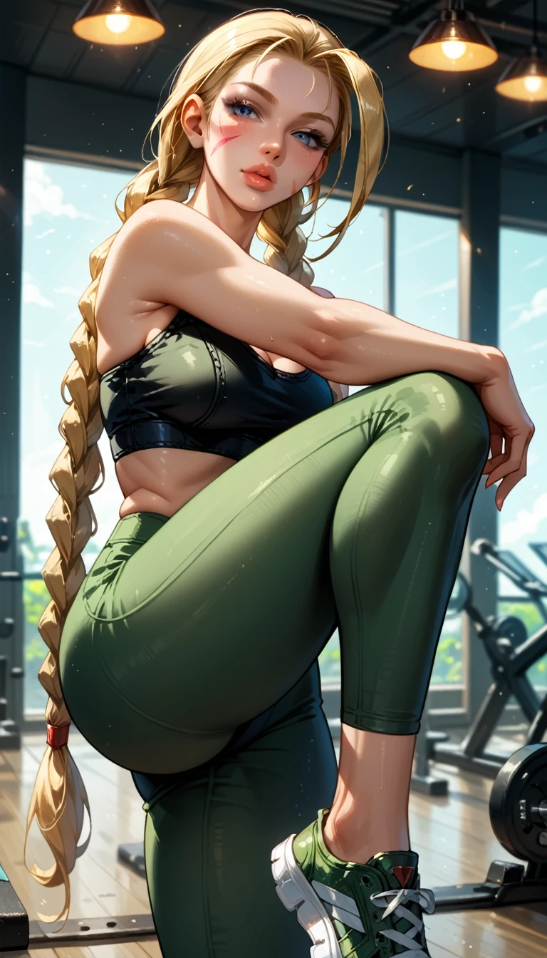 Dark Fantasy Art of score_9, score_8_up, score_7_up, rating_questionable, fantasy, lighting, epiCPhoto 1girl, very sexy (cammySDXL, blonde hair, long hair, twin braids, scar on face:1.1), beautiful waifu, yogapants, dark green yoga pants, standing in gym, long legs, sneakers, round butt, thicc, (legs crossed:1.3), solo, cute, flirt, gaze, sexy look, half-closed eyes, head tilt, filled lips, thick lips, makeup, modelling shoot, sexy pose, dark, moody, dark fantasy style.