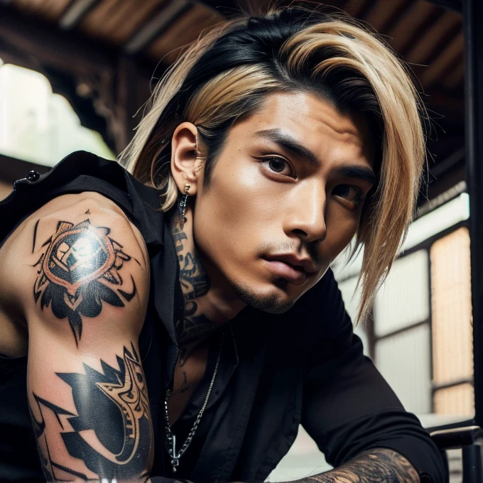 1 man, male, Japanese man, Visual Kai hairstyle, ultra detailed face and body, hyperrealistic, realistic representation, muscular, broad shoulders, tattoos gothic style, piercings, Visual Kei style, hairstyle Visual Kei, blond, 30 years old, age 30, outfit gothic streampunk, men's shirt and black pants, Asian eyes, eyes Asian, straight hair