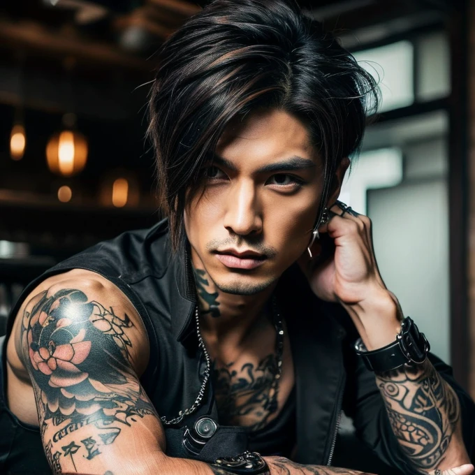 1 man, male, Japanese man, Visual Kai hairstyle, ultra detailed face and body, hyperrealistic, realistic representation, muscular, broad shoulders, tattoos gothic style, piercings, Visual Kei style, hairstyle Visual Kei, blond, 30 years old, age 30, outfit gothic streampunk, men's shirt and black pants, Asian eyes, eyes Asian, straight hair