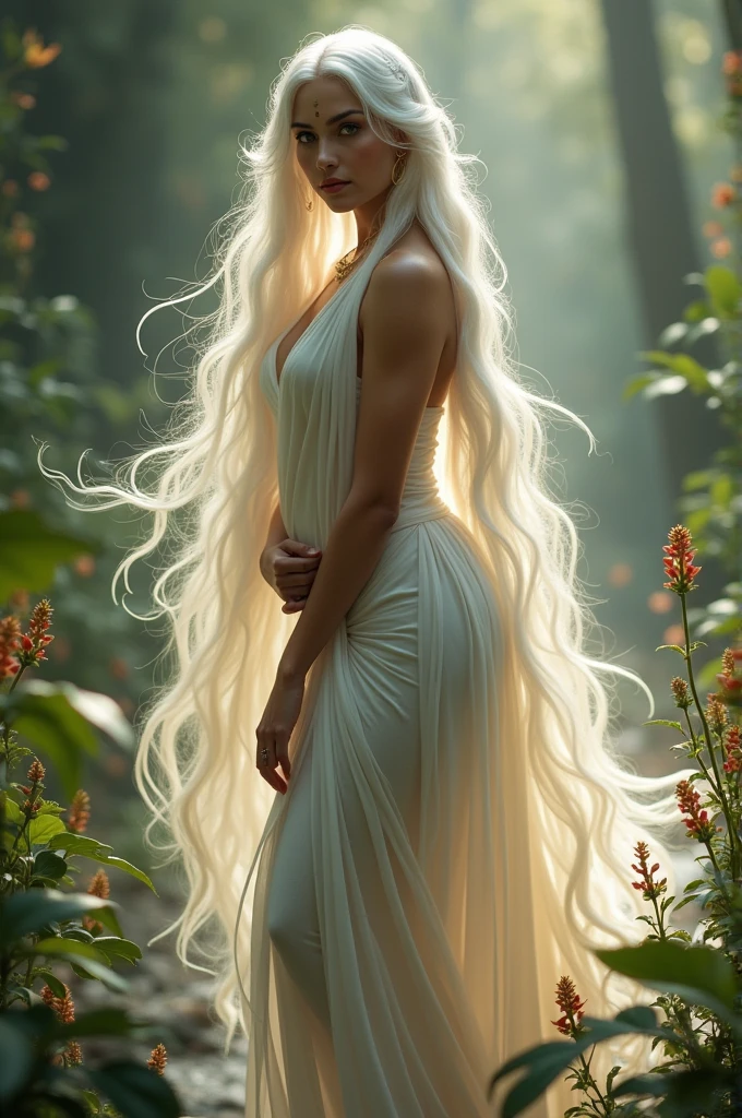 Closeup, mid shot, low angle, thin Rapunzel completely nude, wearing sexy high heels, and thigh high stockings, small breasts, visible nipples, her hair is one hundred feet long and curled all around her, backlit, enchanted forest, lots of green, moss