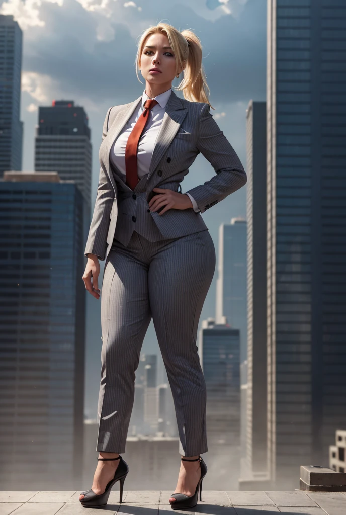 1 woman in grey pinstriped three-piece suit, white shirt, big red paisley necktie, curvaceous figure, massive breasts, blonde ponytail, standing in stomping pose, wearing black platform heels, cityscape background of mega-city, urban sprawl, small towns, hazy cloudy atmosphere, high-resolution, masterpiece quality, cinematic, ultra-detailed, hyper-photorealistic, perfect hands, face, lighting, camera view looking up